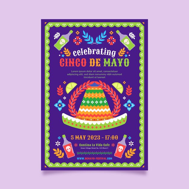 Vettore gratuito modello di poster verticale piatto per la celebrazione del cinco de mayo