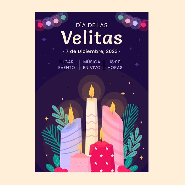 촛불로 dia de las velitas 축하를 위한 평면 수직 포스터 템플릿