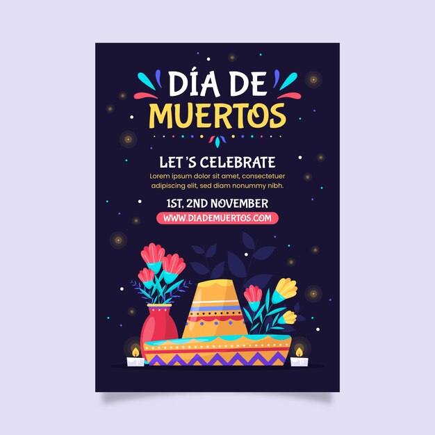 flat vertical poster template for dia de muertos celebration