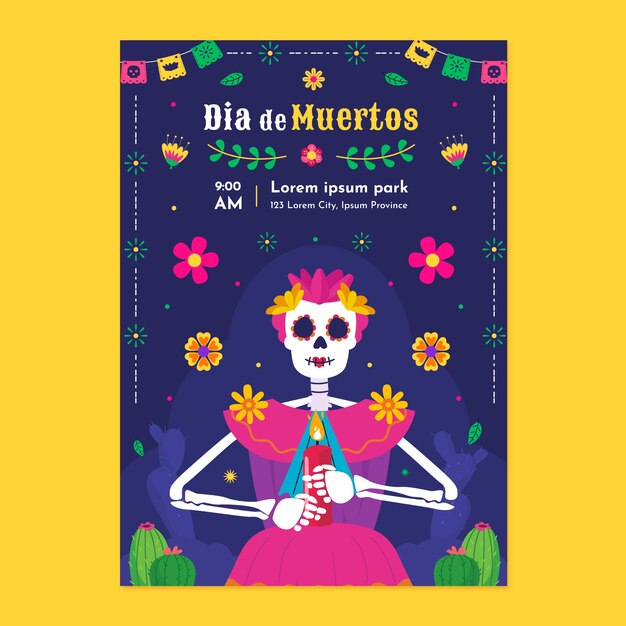 Flat vertical poster template for dia de muertos celebration