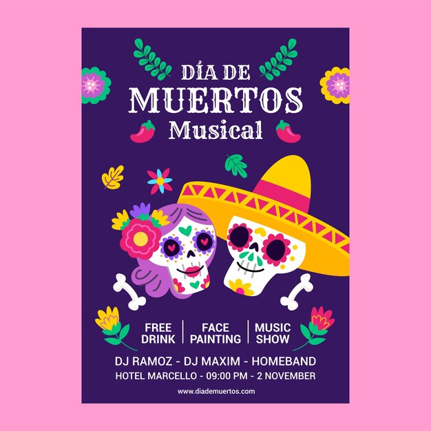 Flat vertical poster template for dia de muertos celebration