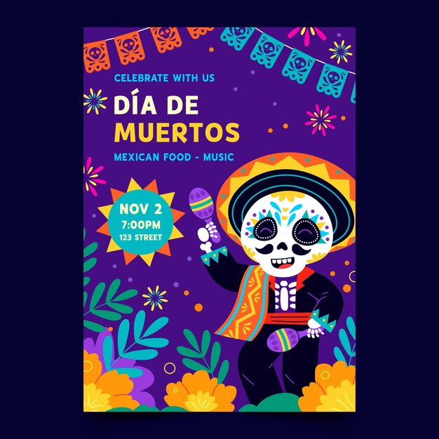 Flat vertical poster template for dia de muertos celebration