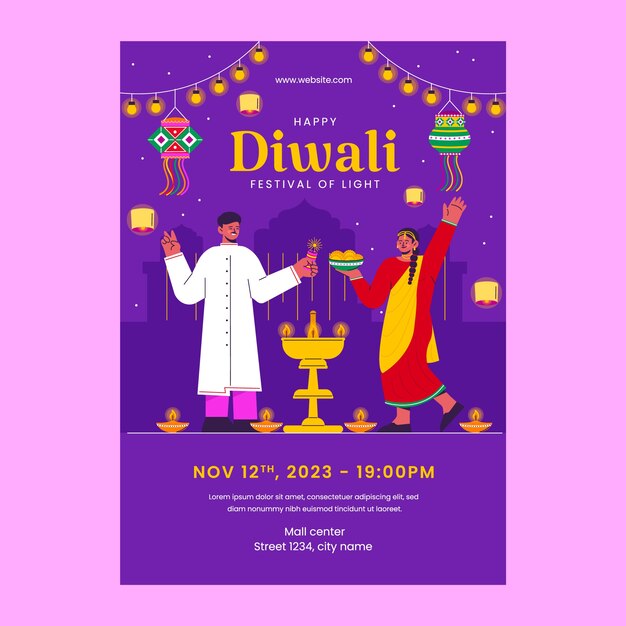 Flat vertical poster template for diwali festival celebration