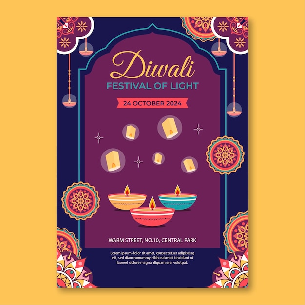 Flat vertical poster template for diwali hindu festival celebration