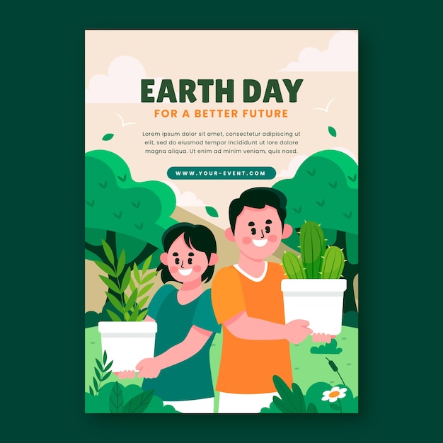 Vettore gratuito modello di poster verticale piatto per la celebrazione e la consapevolezza della giornata della terra