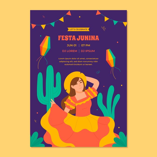 Бесплатное векторное изображение Плоский вертикальный шаблон плаката для празднования бразильских фестивалей festas juninas