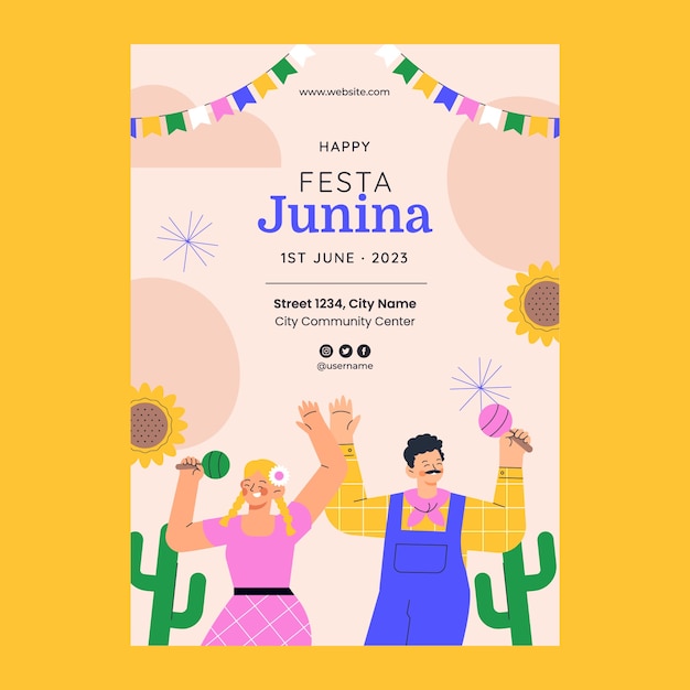 무료 벡터 브라질 festas juninas 행사를위한 평면 수직 포스터 템플릿