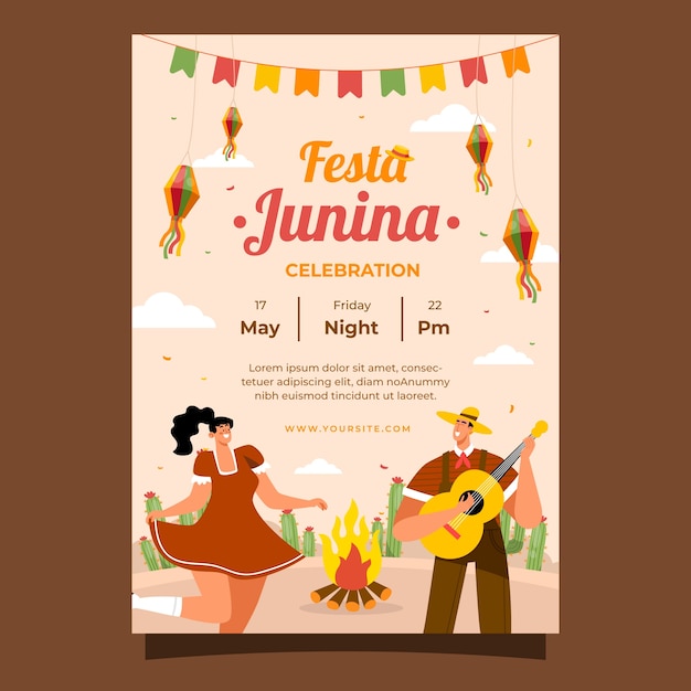 무료 벡터 브라질 festas juninas 행사를위한 평면 수직 포스터 템플릿