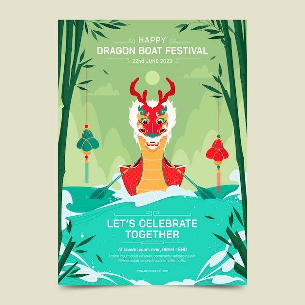 無料ベクター 中国のドラゴン ボート祭のお祝いの平らな垂直ポスター テンプレート