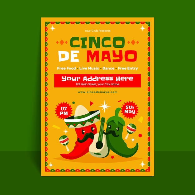 Плоский вертикальный шаблон плаката для празднования синко де майо