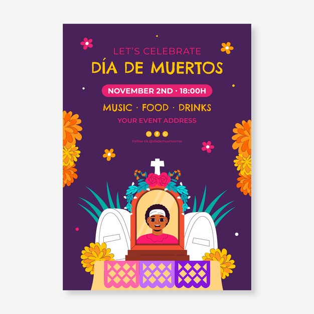 무료 벡터 dia de muertos 축하를 위한 평평한 수직 포스터 템플릿