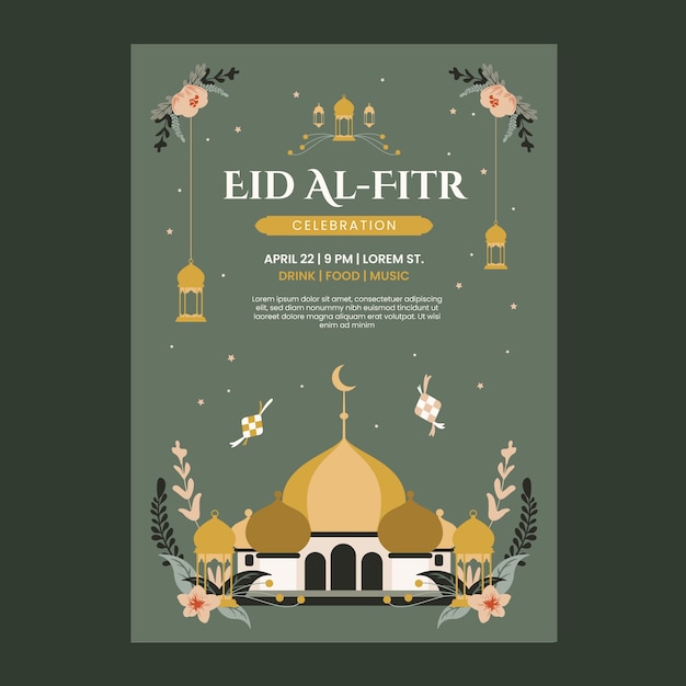 무료 벡터 eid al-fitr 축하를 위한 평면 수직 포스터 템플릿