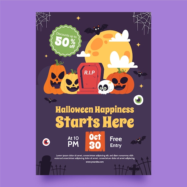 無料ベクター ハロウィーン祝賀のための平らな垂直ポスターテンプレート