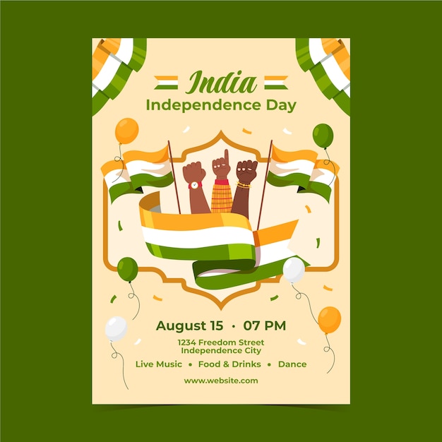 Бесплатное векторное изображение Плоский вертикальный шаблон плаката для празднования дня независимости индии