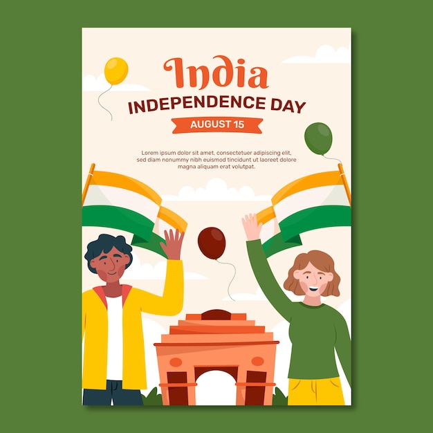 무료 벡터 인도 독립 기념일 축하를위한 평면 수직 포스터 템플릿