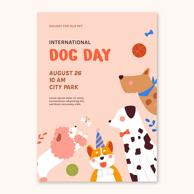 Бесплатное векторное изображение Плоский вертикальный шаблон плаката для празднования международного дня собак