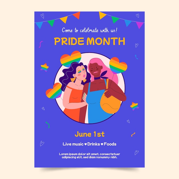 Бесплатное векторное изображение Плоский вертикальный шаблон плаката для празднования месяца гордости