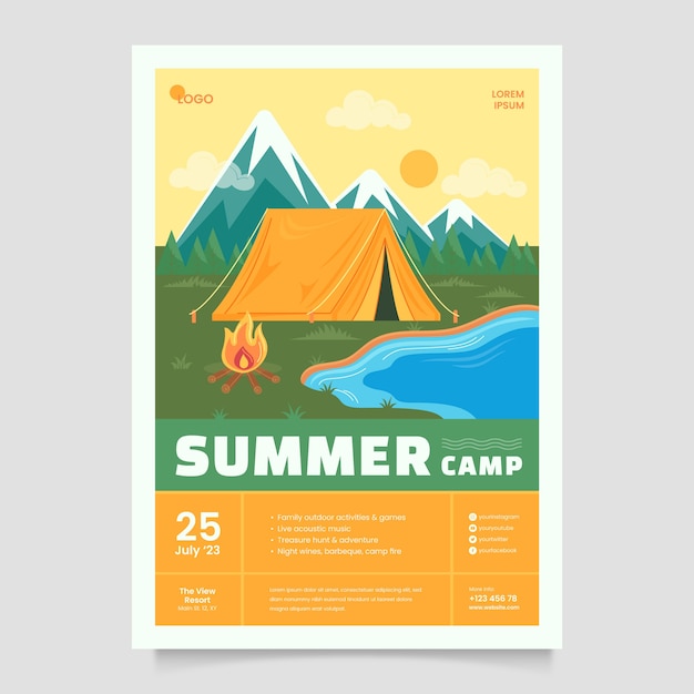무료 벡터 여름 캠프를위한 평면 수직 포스터 템플릿
