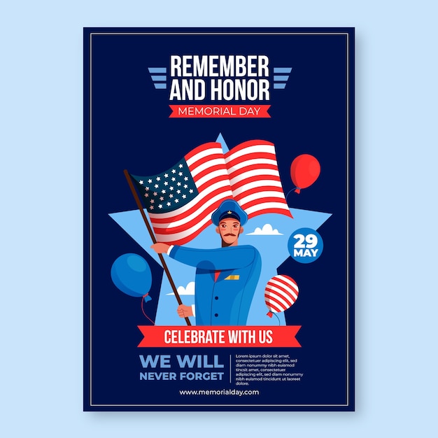 무료 벡터 미국 현충일 축하를위한 평면 수직 포스터 템플릿