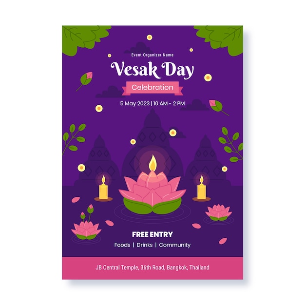 무료 벡터 vesak day 축제 축하를위한 평면 수직 포스터 템플릿