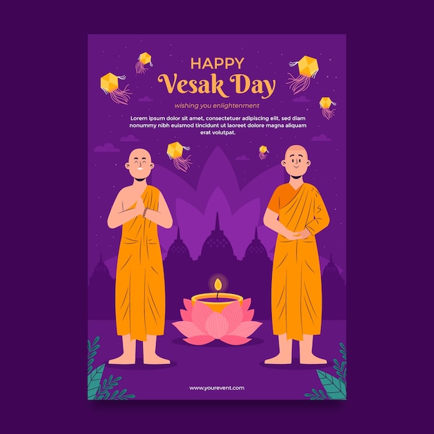 무료 벡터 vesak 축제 축하를위한 평면 수직 포스터 템플릿