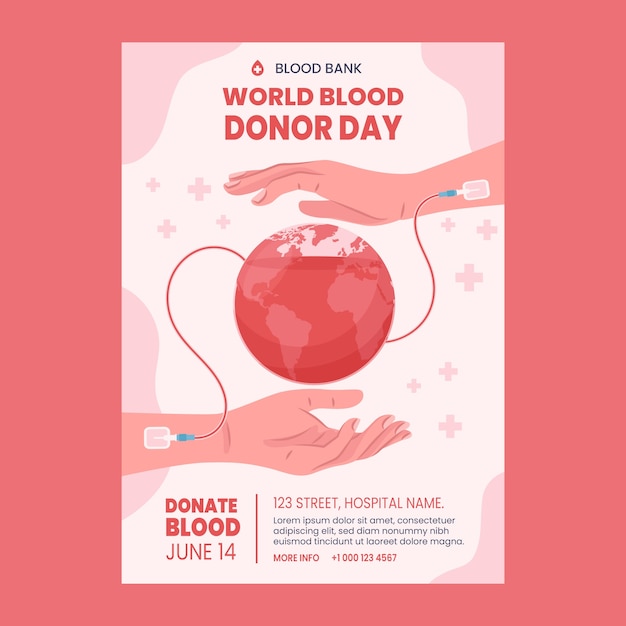Бесплатное векторное изображение Плоский вертикальный шаблон плаката ко всемирному дню донора крови