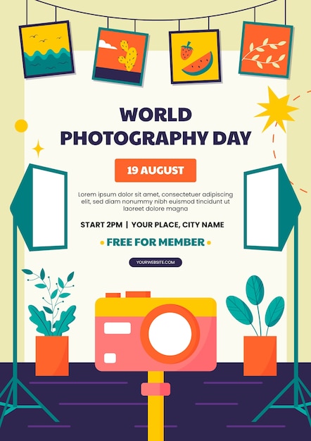 세계 사진의 날 축하를 위한 평면 수직 포스터 템플릿