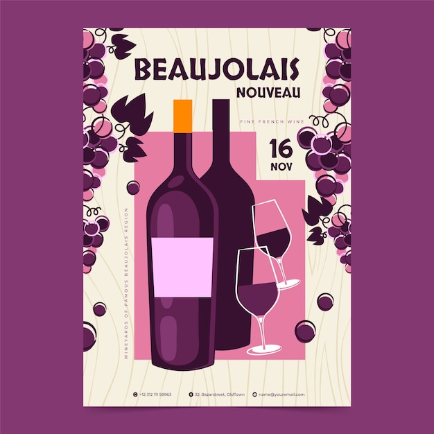 Vettore gratuito modello di poster verticale piatto per la celebrazione del festival del vino beaujolais nouveau francese