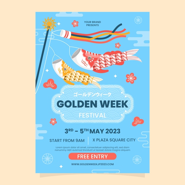 Плоский вертикальный шаблон плаката для празднования золотой недели