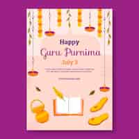 Vettore gratuito modello di poster verticale piatto per la celebrazione del guru purnima