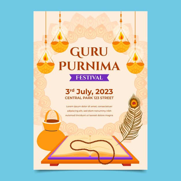 Плоский вертикальный шаблон плаката для празднования гуру пурнимы