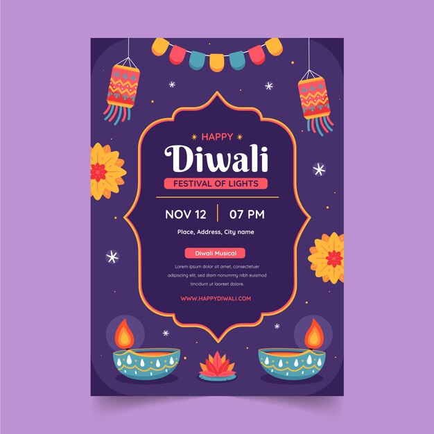 Плоский вертикальный шаблон плаката для празднования индуистского фестиваля Дивали
