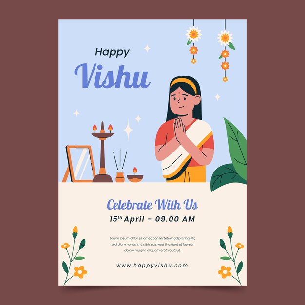 힌두교 vishu 축제 축하를위한 평면 수직 포스터 템플릿
