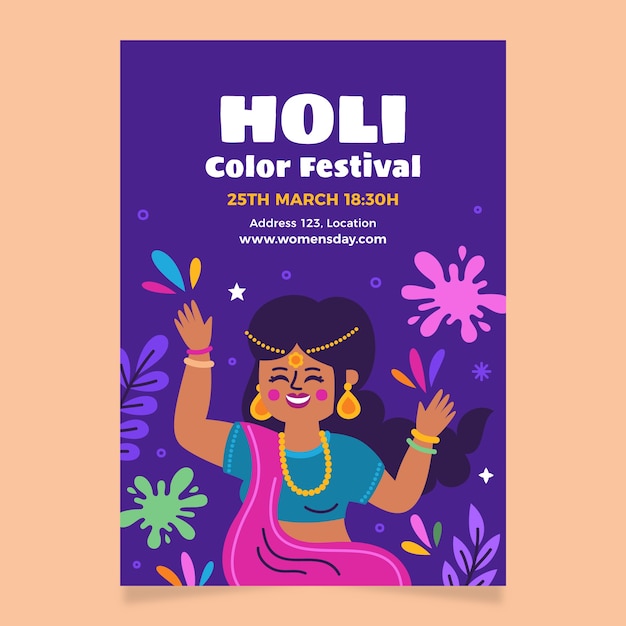Flat vertical poster template for holi festival celebration