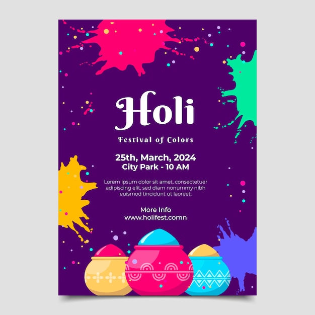 Vettore gratuito modello di poster verticale piatto per la celebrazione del festival di holi.