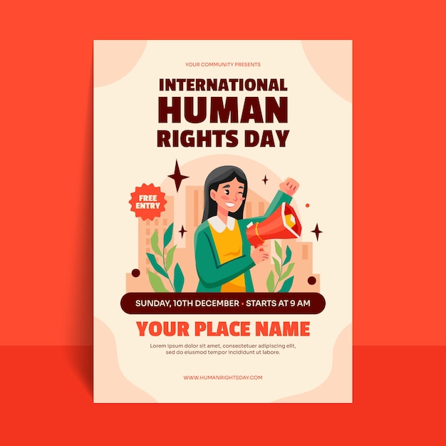 Modello di poster verticale piatto per la celebrazione della giornata dei diritti umani