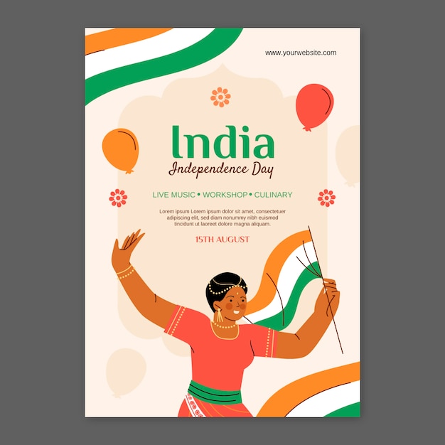 Vettore gratuito modello di poster verticale piatto per la celebrazione del giorno dell'indipendenza dell'india