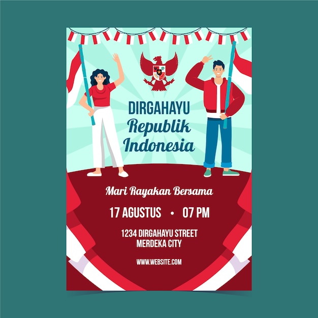 Modello di poster verticale piatto per la celebrazione del giorno dell'indipendenza dell'indonesia