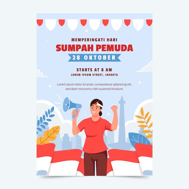 Vettore gratuito modello di poster verticale piatto per la celebrazione indonesiana della sumpah pemuda