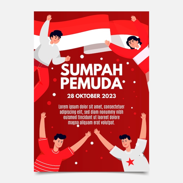 Vettore gratuito modello di poster verticale piatto per sumpah pemuda indonesiano