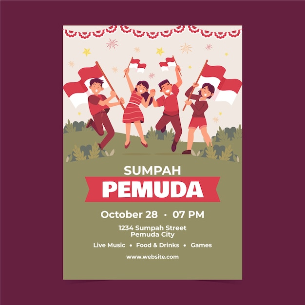 Free vector flat vertical poster template for indonesian sumpah pemuda