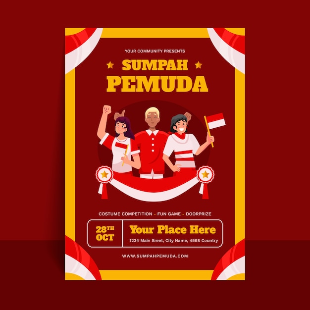 인도네시아 sumpah pemuda에 대한 평면 수직 포스터 템플릿