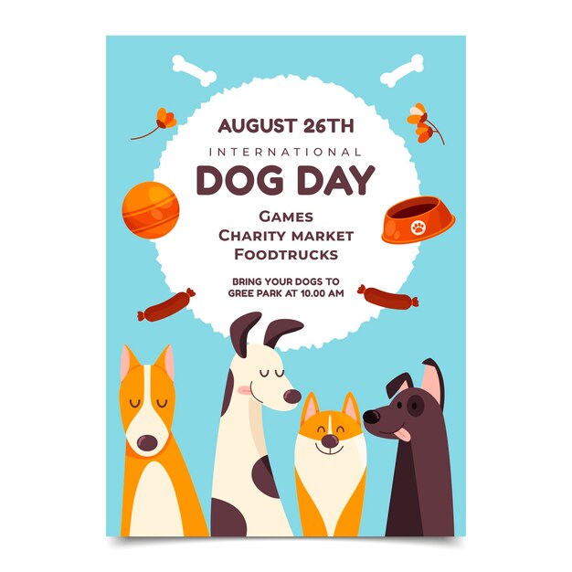 国際犬の日のお祝いのための平らな垂直ポスター テンプレート