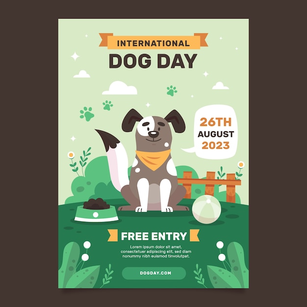 Vettore gratuito modello di poster verticale piatto per la celebrazione della giornata internazionale del cane