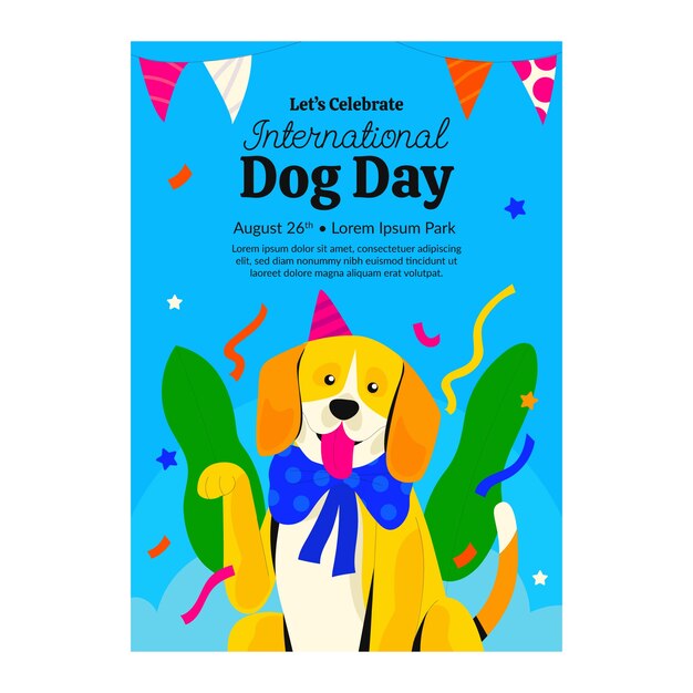 国際犬の日のお祝いのための平らな垂直ポスター テンプレート
