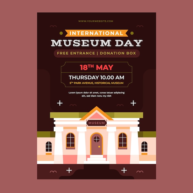 Vettore gratuito modello di poster verticale piatto per la giornata internazionale dei musei