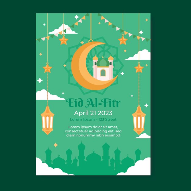 flat vertical poster template for islamic eid al-fitr celebration