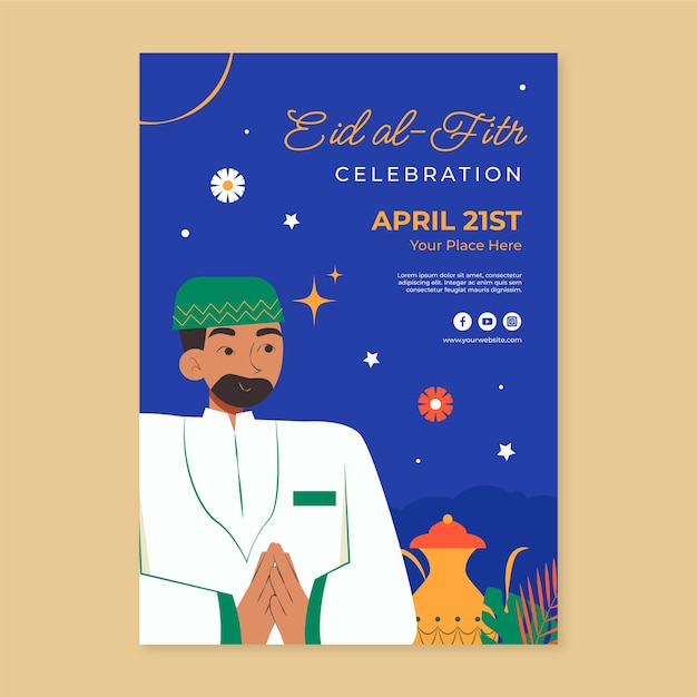 Плоский вертикальный шаблон плаката для празднования исламского фестиваля ид аль-фитр