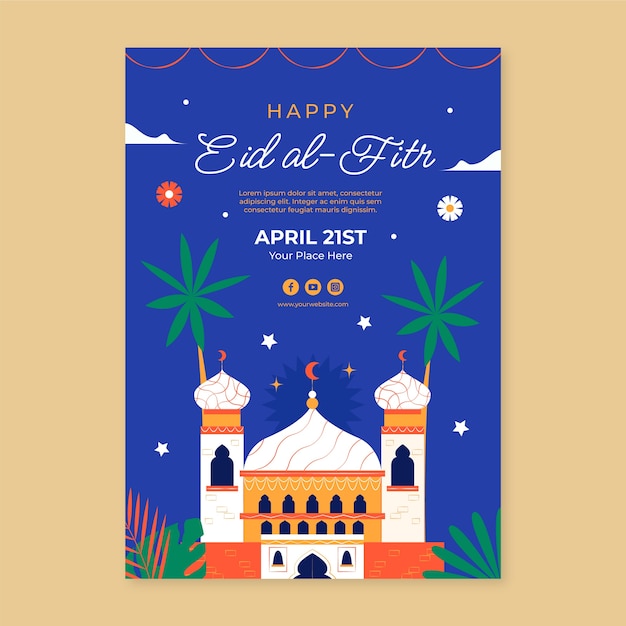 Flat vertical poster template for islamic eid al-fitr festival celebration