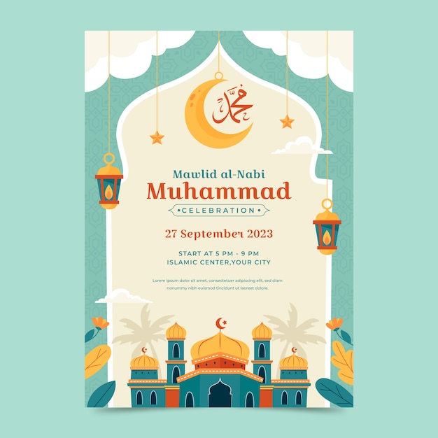 Flat vertical poster template for islamic mawlid al-nabi holiday celebration